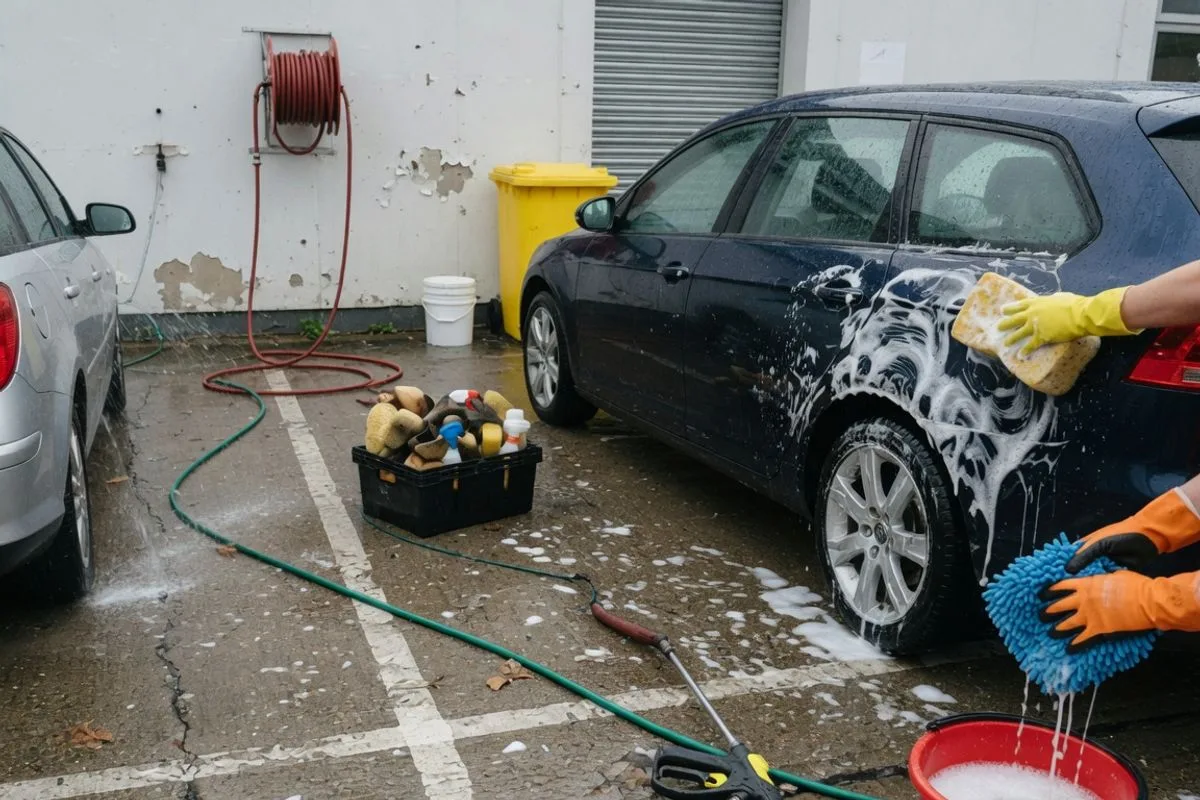 AI-generated illustration: a hand car wash being carried out