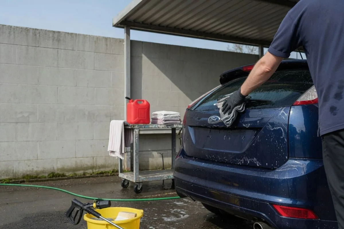 AI-generated illustration: checking the finish of a hand car wash